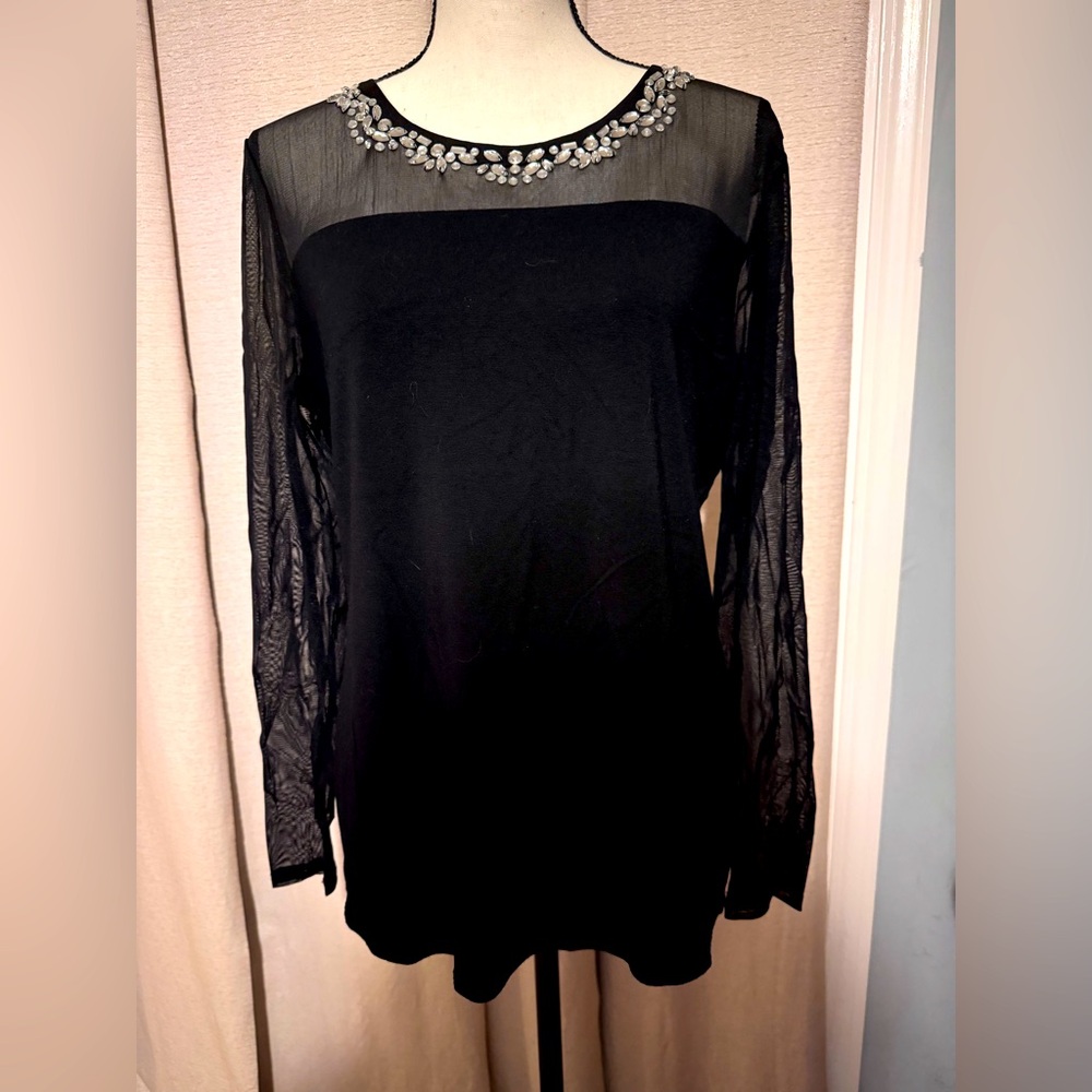INC International Concepts Black Rhinestone Sheer Mesh Long Sleeve Top